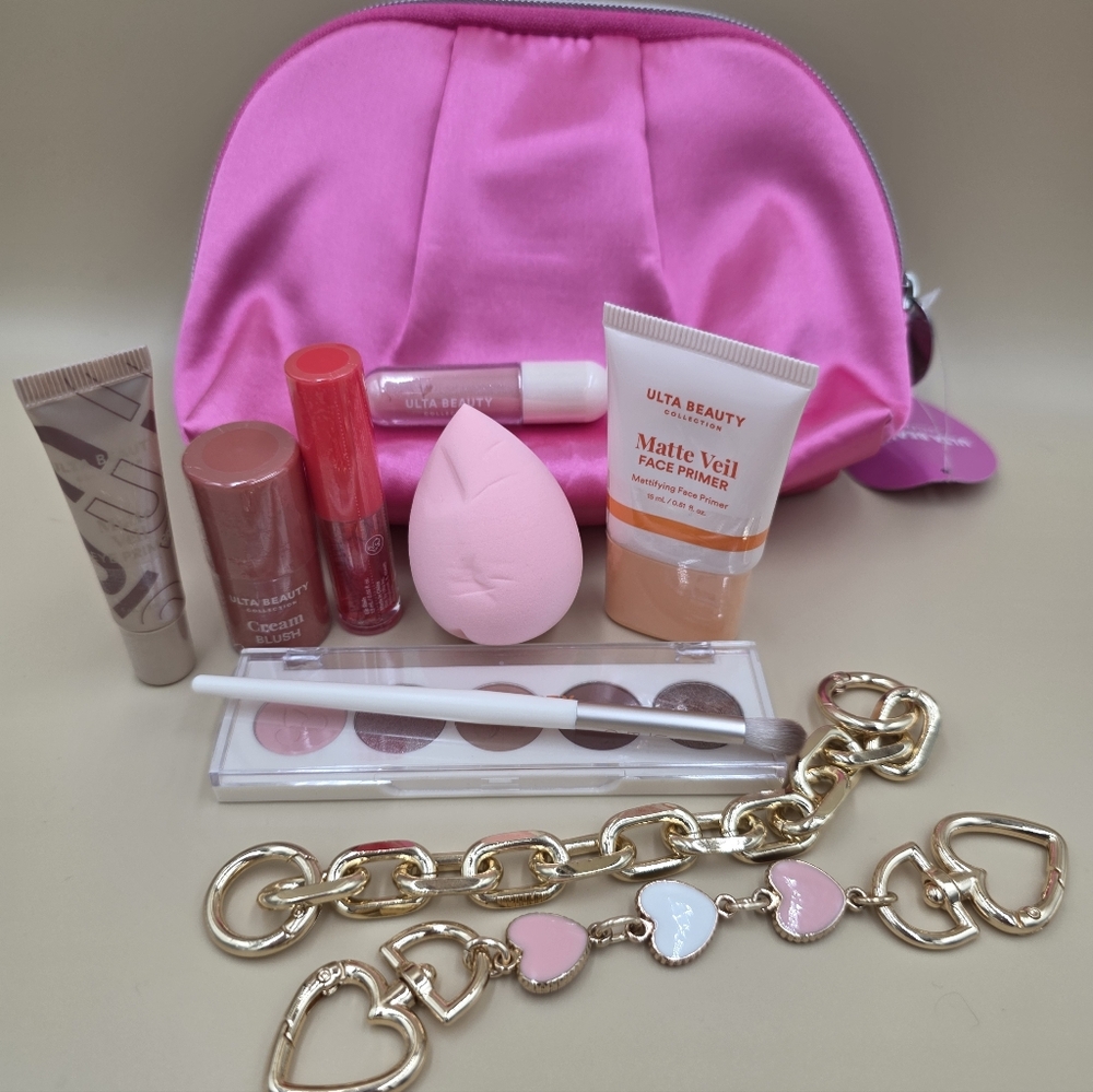 Ulta Beauty Hot Pink Satin Cosmetic Pouch with Makeup Essentials - Picture 2 of 3